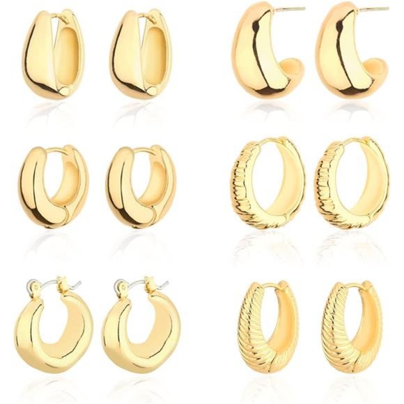 Chunky Hoop Earrings Set 14K Gold Hoop Earrings Women Hypoallergenic Thick Hoops - Picture 1 of 6